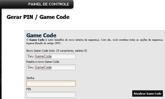 Painel para definir Game Code